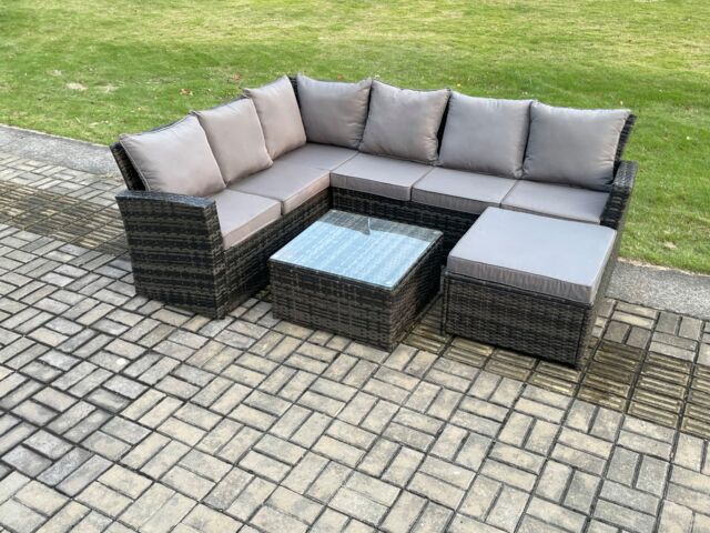 Fimous Rattan Garden Furniture Set Outdoor Lounge Corner Sofa Set With Square Coffee Table Big Footstool 7 Seater Dark Grey Mixed - image 1