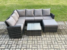 Fimous Rattan Garden Furniture Set Outdoor Lounge Corner Sofa Set With Square Coffee Table Big Footstool 7 Seater Dark Grey Mixed - thumbnail 2