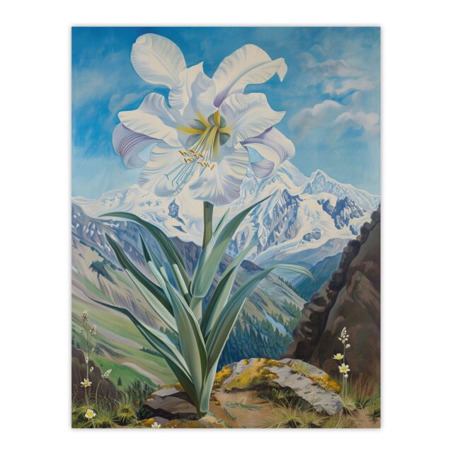 "Artery8 Wild White Lily Mont Blanc Mountain Landscape Wall Art Print in Blue - Size: W18"" x H24""" - image 1