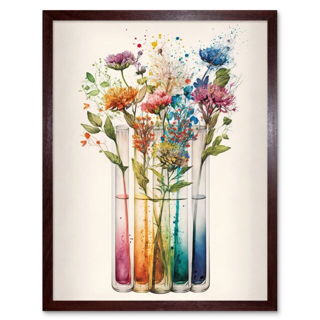 "Artery8 Wall Art Print Wildflower Glass Test Tubes Rainbow Colour Water Art Framed in Brown - Size: W12"" x H16""" - image 1