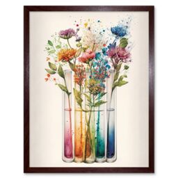 "Artery8 Wall Art Print Wildflower Glass Test Tubes Rainbow Colour Water Art Framed in Brown - Size: W12"" x H16""" - thumbnail 1