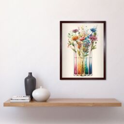"Artery8 Wall Art Print Wildflower Glass Test Tubes Rainbow Colour Water Art Framed in Brown - Size: W12"" x H16""" - thumbnail 2