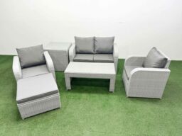 Fimous Light Grey PE Wicker Rattan Garden Furniture Set Sofa Set Reclining Adjustable Chair Oblong Coffee Table 5 Seater With Footstool Side Table - thumbnail 1