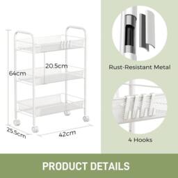 FORGEVIO 3 Tier Storage Trolley, Rolling Cart, Kitchen 3 Tier, White - thumbnail 2