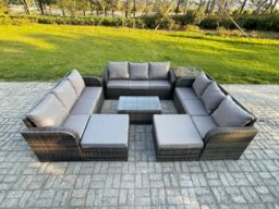Fimous Outdoor Garden Furniture Sets 11 Seater Wicker Rattan Furniture Sofa Sets w/ Rectangular Coffee Table 3 Seater Sofa Side Table 2 Big Footstool - thumbnail 1