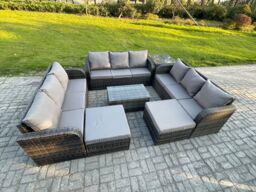 Fimous Outdoor Garden Furniture Sets 11 Seater Wicker Rattan Furniture Sofa Sets w/ Rectangular Coffee Table 3 Seater Sofa Side Table 2 Big Footstool - thumbnail 2