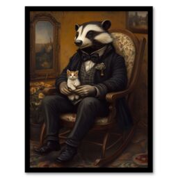 "Artery8 Victorian Badger with Kitten on Rocking Chair Framed Art Print in Brown - Size: W12"" x H16""" - thumbnail 1
