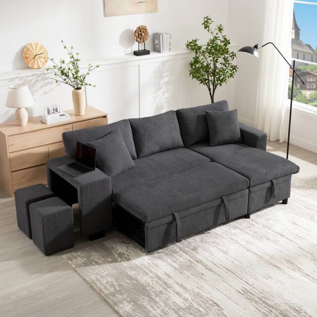 BTM L Shaped Sofa Bed USB Charging Storage Convertible Corner Sofa in Grey - image 1