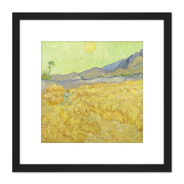 Artery8 Vincent Van Gogh Wheatfield With A Reaper 8X8 Inch Square Wooden Framed Wall Art Print Picture with Mount in Black - image 1