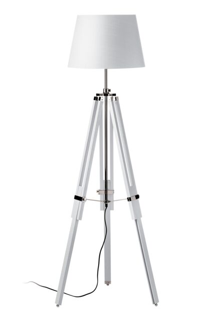Orsina White Floor Lamp With EU Plug, Adjustable Tripod Standing Lamp, Natural Wooden Lamp With Chrome Accents - image 1