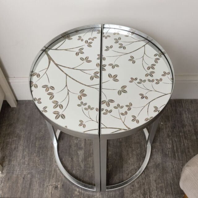 Silver Set Of 2 Semi Circle Printed Mirrored Side Table