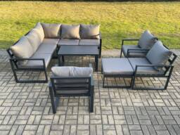Fimous 9 Seater Aluminium Outdoor Garden Furniture Set Patio Lounge Sofa with Oblong Coffee Table Chair Big Footstool Dark Grey - thumbnail 2