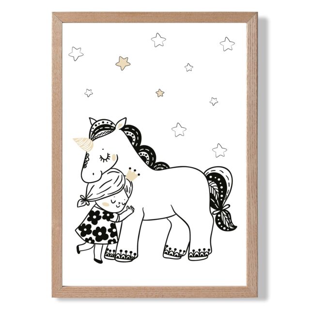 ARTZE Scandi Princess Little Hugging Unicorn Framed Print SIZE: A4 with Oak Frame in Black - Size: A2 - image 1