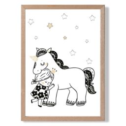 ARTZE Scandi Princess Little Hugging Unicorn Framed Print SIZE: A4 with Oak Frame in Black - Size: A2 - thumbnail 1