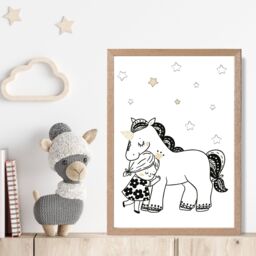 ARTZE Scandi Princess Little Hugging Unicorn Framed Print SIZE: A4 with Oak Frame in Black - Size: A2 - thumbnail 2