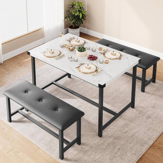 London Boutique 3PCS Dining Table & Benches Set Kitchen Table & 2 Upholstered Benches in White - image 1