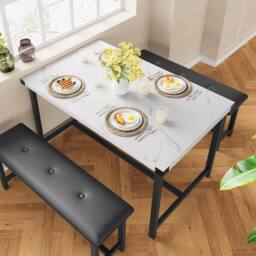 London Boutique 3PCS Dining Table & Benches Set Kitchen Table & 2 Upholstered Benches in White - thumbnail 5
