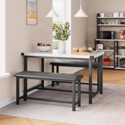 London Boutique 3PCS Dining Table & Benches Set Kitchen Table & 2 Upholstered Benches in White - thumbnail 3