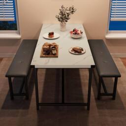 London Boutique 3PCS Dining Table & Benches Set Kitchen Table & 2 Upholstered Benches in White - thumbnail 7