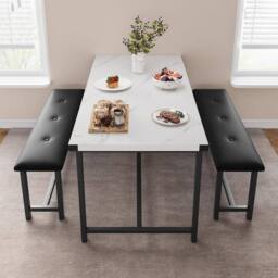 London Boutique 3PCS Dining Table & Benches Set Kitchen Table & 2 Upholstered Benches in White - thumbnail 6