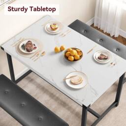 London Boutique 3PCS Dining Table & Benches Set Kitchen Table & 2 Upholstered Benches in White - thumbnail 8