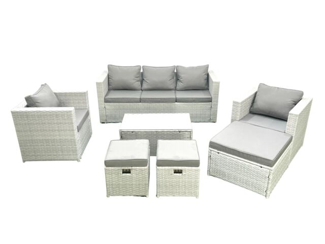 Fimous Rattan Garden Outdoor Furniture Sofa Set with Rectangular Coffee Table 2 Chairs 3 Footstools Light Grey Mixed - image 1