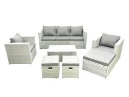 Fimous Rattan Garden Outdoor Furniture Sofa Set with Rectangular Coffee Table 2 Chairs 3 Footstools Light Grey Mixed - thumbnail 1