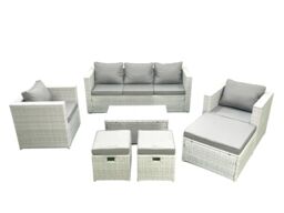 Fimous Rattan Garden Outdoor Furniture Sofa Set with Rectangular Coffee Table 2 Chairs 3 Footstools Light Grey Mixed - thumbnail 2
