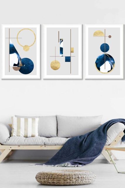 ARTZE Abstract Textured Geometric Art in Navy Blue & Gold Framed Wall Art - Large in White - Size: W53 cm x H73 cm x D20mm - image 1