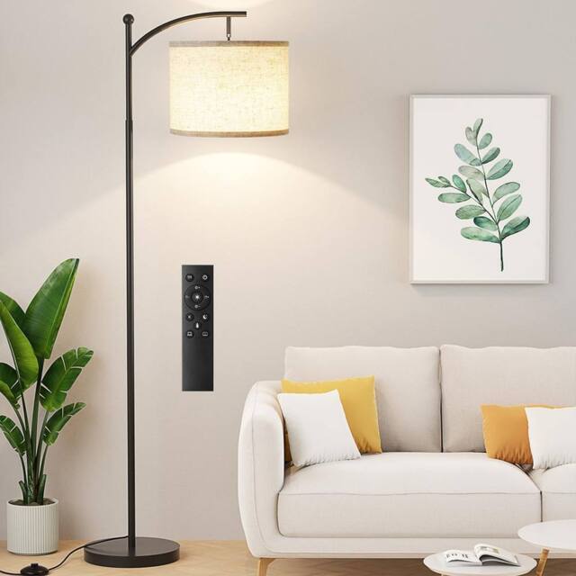 Ventryn Black Free Standing Floor Lamp Linen Shade Remote Bulb - image 1