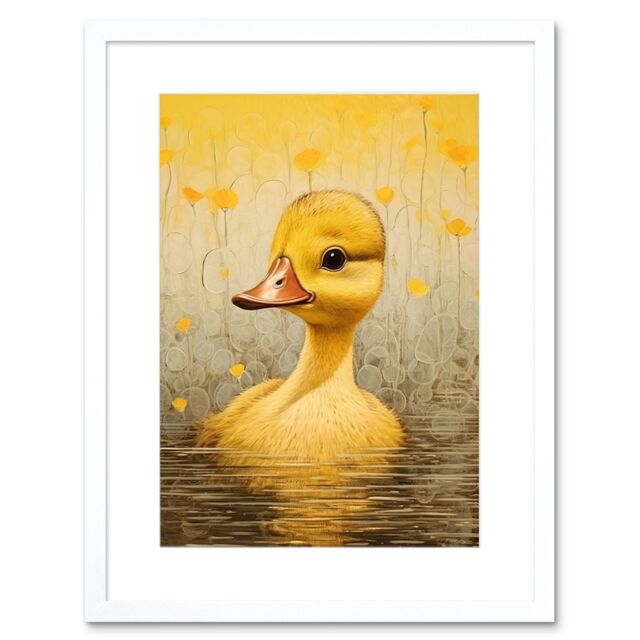 "Artery8 Wall Art Print Yellow Duckling Kids Bedroom Baby Nursery Calm Elegant Artwork Framed 9X7 Inch in White - Size: W7"" x H9""" - image 1