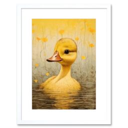 "Artery8 Wall Art Print Yellow Duckling Kids Bedroom Baby Nursery Calm Elegant Artwork Framed 9X7 Inch in White - Size: W7"" x H9""" - thumbnail 1