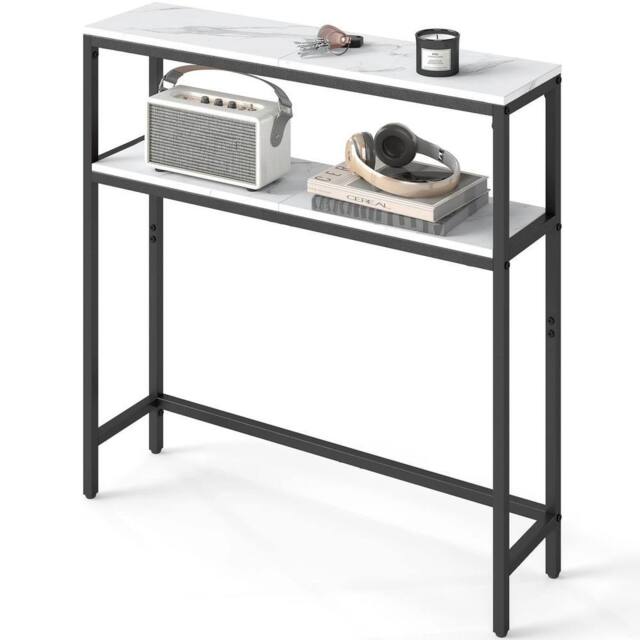 FORGEVIO Console Table, 2-Tier Slim Sofa 80W, Marble White + Ink Black - image 1