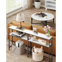 FORGEVIO Console Table, 2-Tier Slim Sofa 80W, Marble White + Ink Black - thumbnail 4