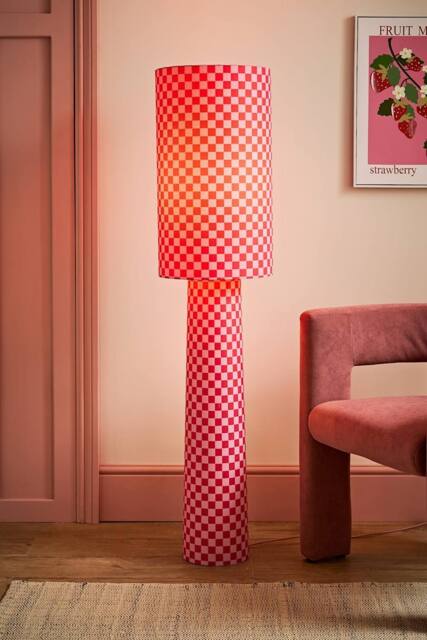 ValueLights Pritchard Pink Checkerboard Drum Shade Full Fabric Midi Floor Lamp in Bright Pink - image 1