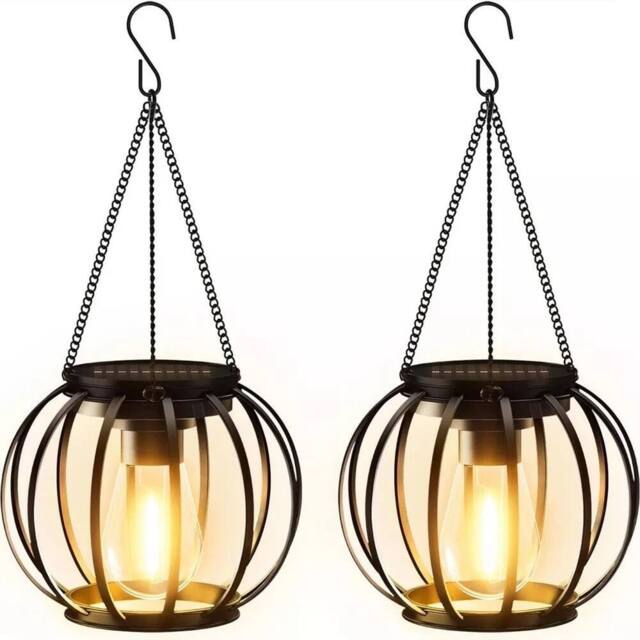 VOGREX 2Pcs Outdoor Solar Lanterns Waterproof Metal Hanging in Black - image 1