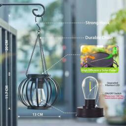 VOGREX 2Pcs Outdoor Solar Lanterns Waterproof Metal Hanging in Black - thumbnail 2