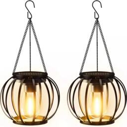 VOGREX 2Pcs Outdoor Solar Lanterns Waterproof Metal Hanging in Black - thumbnail 1