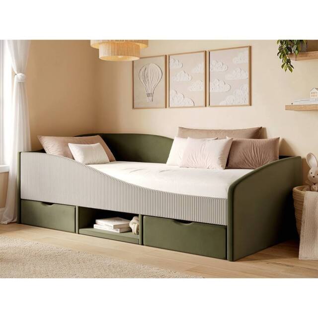 Flair Aubrey Velvet Storage Low Sleeper Bed with Beige Cord in Green - Size: Single - image 1