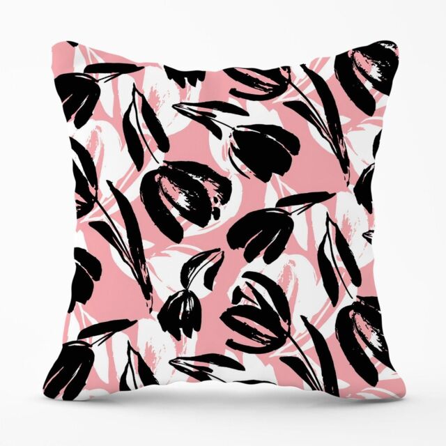 Warren Reed - Designer Nature Flat Spring Flower Motif In Pink & Black Color Outdoor Cushion - Size: 60 cm x 60 cm - image 1