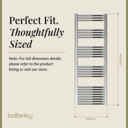 Balterley Straight Heated Towel Rail Radiator, 459W, 500 x 1600mm, Chrome in Silver - thumbnail 5