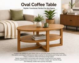SPOT ON DEALZ Oval CoffeeTable with Under Shelf Oak Finish MDF Living Room Furniture in Light Oak - thumbnail 5