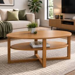 SPOT ON DEALZ Oval CoffeeTable with Under Shelf Oak Finish MDF Living Room Furniture in Light Oak - thumbnail 4