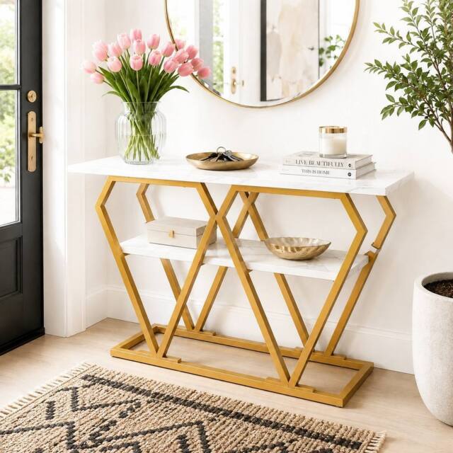 Merax Gold Console Table with Marble Effect Top & Storage in White - image 1