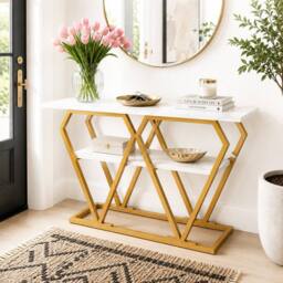 Merax Gold Console Table with Marble Effect Top & Storage in White - thumbnail 1