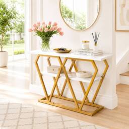 Merax Gold Console Table with Marble Effect Top & Storage in White - thumbnail 2