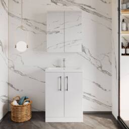 Balterley Bathroom Vanity Basin Unit, Brushed Pewter Handles, 600mm, Gloss White - thumbnail 2