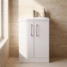 Balterley Bathroom Vanity Basin Unit, Brushed Pewter Handles, 600mm, Gloss White - thumbnail 4
