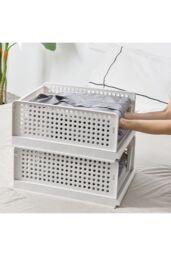 Living and Home Clothing Storage Basket Foldable Stackable Drawer Storage Multifunctional Organizer in Off-White - thumbnail 2