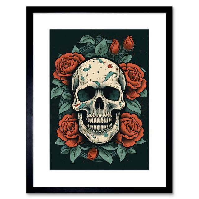 "Artery8 Wall Art Print Skull Roses Old School USA Tattoo Ink Body Art Rockabilly Americana 50s Artwork Framed 9X7 Inch in Black - Size: W7"" x H9""" - image 1